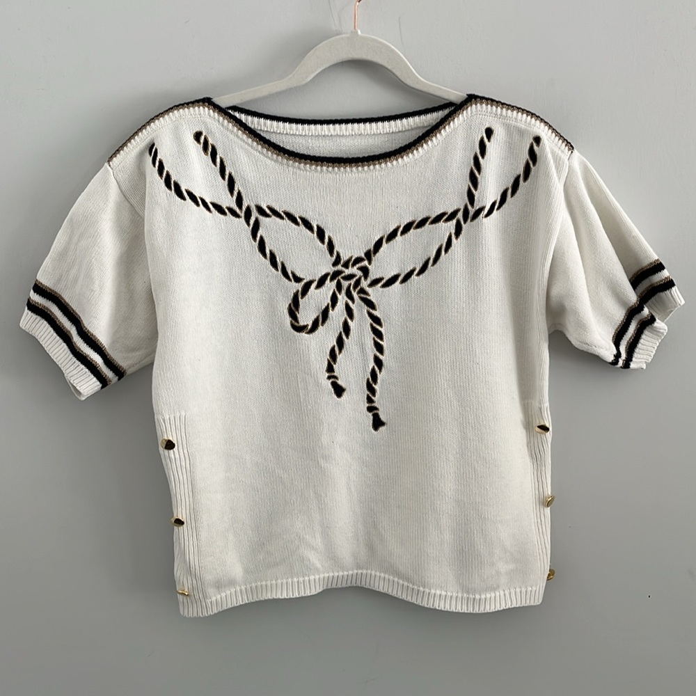 Boat neck knit White and Blue Women's Top with gold accents